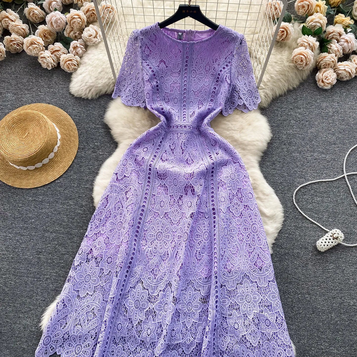 Korean Version Retro High-end Round Neck Lotus Leaf Sleeve Lace Dress for Women's 2026 Summer New Temperament Elegant Long Dress