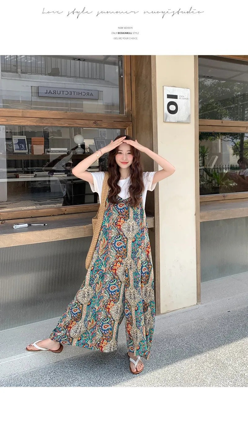 Vintage Bohemian Printed Wide Leg Casual Jumpsuit For Women