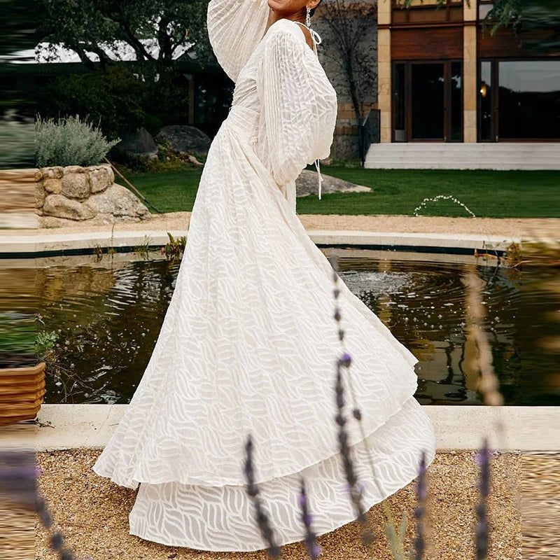 Hollow Lace Up Backless Lantern Sleeves Evening Dress for Women