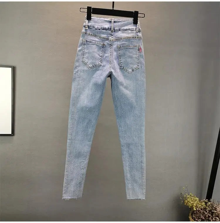 Washed Vintage Elastic Slim Light Denim Jeans for Women