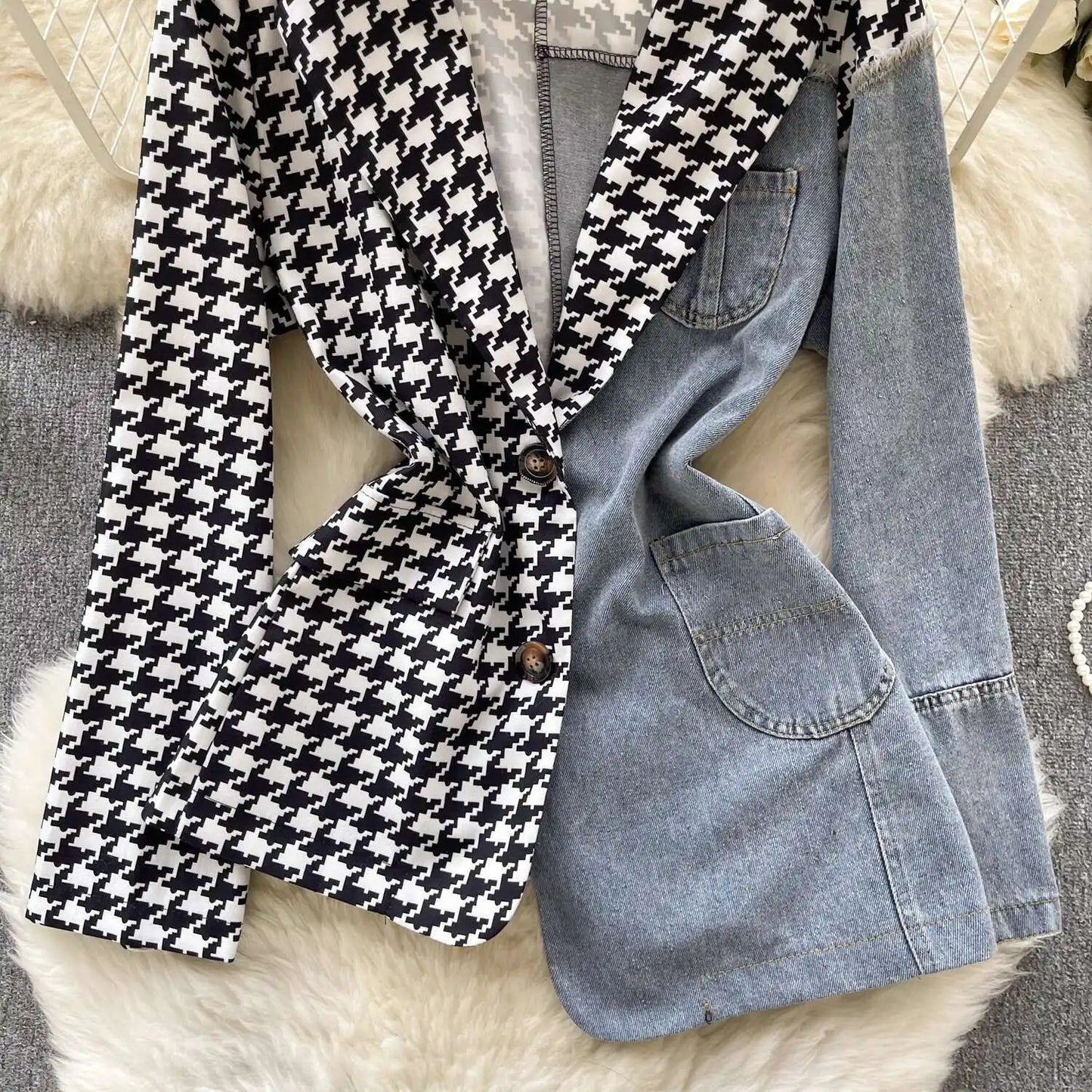 ANJY Autumn New Women Vintage Streetwear Ins Stylish Denim Patchwork Single Breasted Coat Casual Elegant Asymmetric Blazer A8421