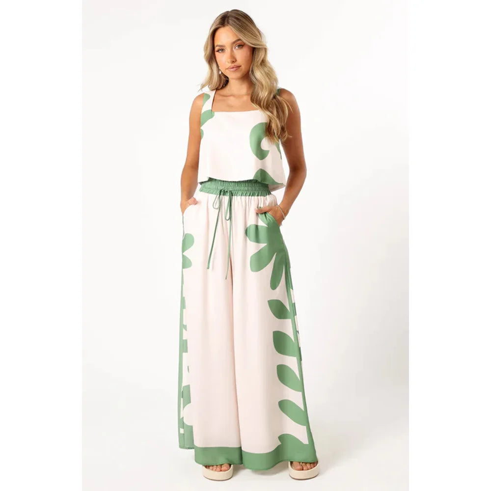 Casual Summer Print High Waist Wide Leg Two Piece Set for Women