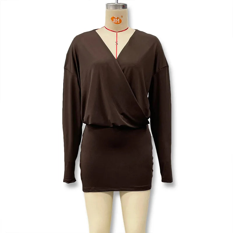 Solid Color Long-Sleeved V-Neck Mini Dress for Women