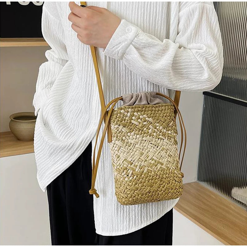 Brand Gradient Raffia Crossbody Bag Straw Drawstring Bohemian Summer Beach Travel Design Shoulder Bag Shop Basket Crossbody Bag