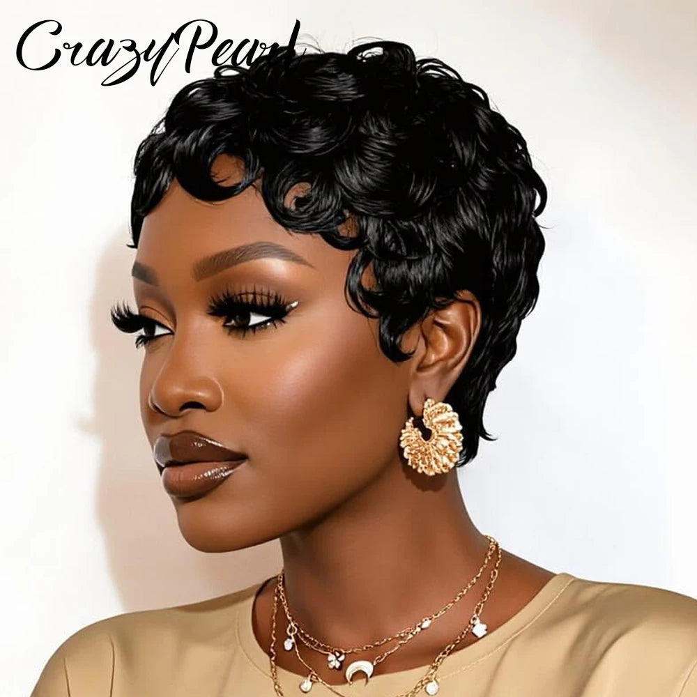 Glueless Short Curly Pixie Cut Human Hair Wig for Women