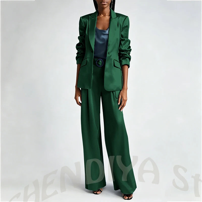 Women's Two Pieces Set Satin Peaked Lapel Elegant Fashion Single Button Straight Professional Tailor-Made Jacket with Pants
