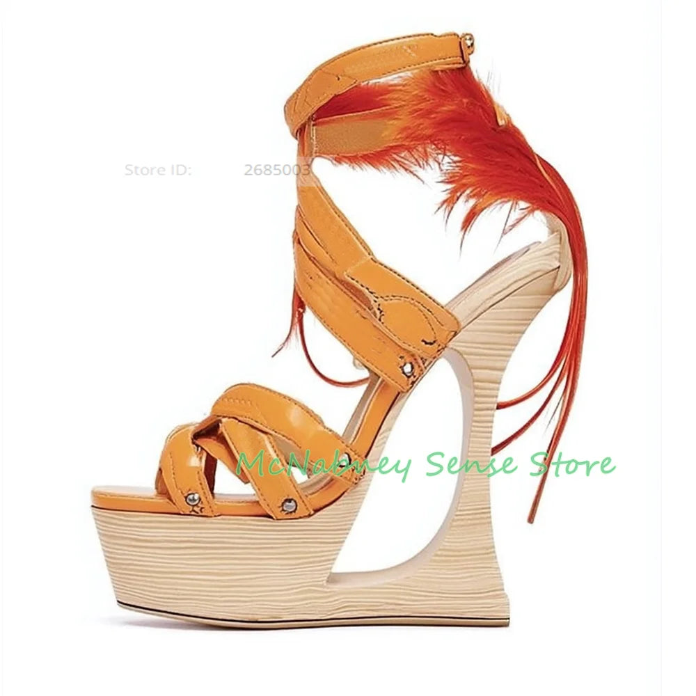 Feather Detail Cutout Strappy Wedge Sandals with Buckle Strap for Women