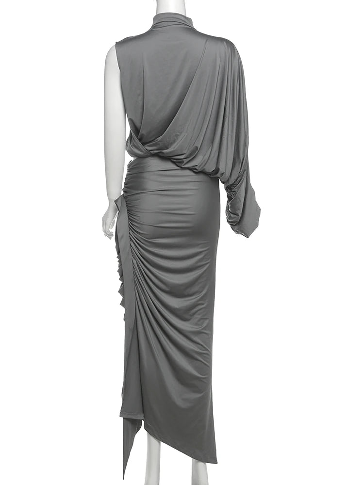 kliou Unique Irregular Women 2 Piece Set Solid Swinging Pleated Single Full Sleeve Turtleneck Tops+Matching Split Maxi Skirts