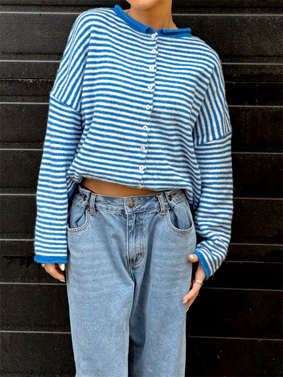 Striped Button Front Knit Cardigan Sweater for Women