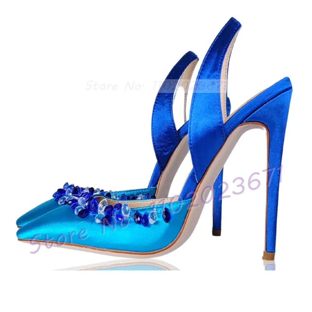 Elegant Blue Crystal Trim Satin Pointy Toe Heels For Women