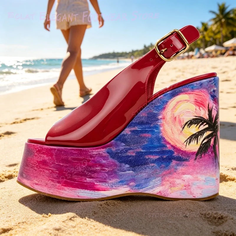 Bold Graphic Print Platform Wedge Sandals for Women
