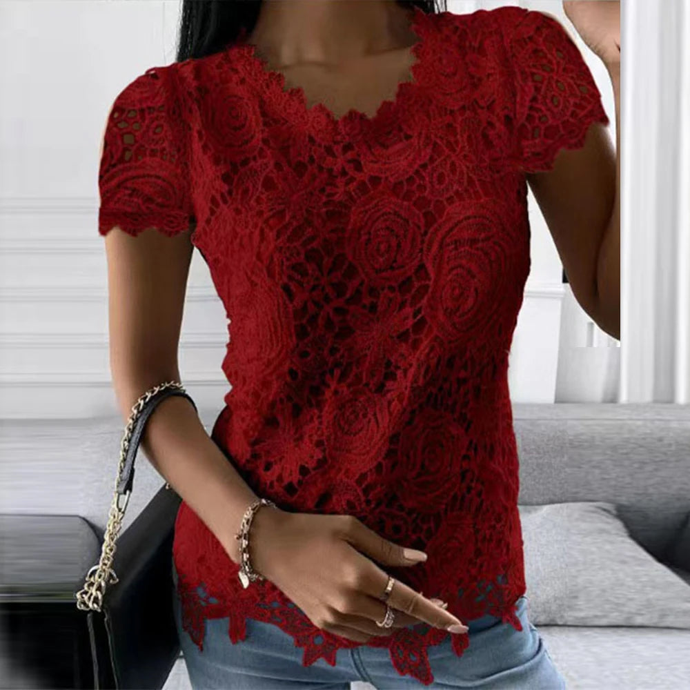 Womens Lace Round Neck Tops T-Shirts Ladies Summer Casual Short Sleeve Blouse Pullover Fashion Clothing For