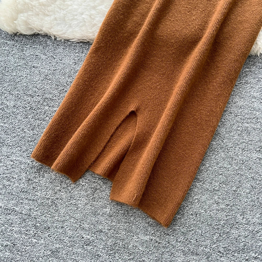 Batwing Sleeve Knit Top and High Waist Skirt Set for Women