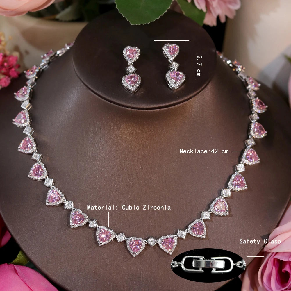 Pink Heart Crystal Necklace And Earring Set For Women