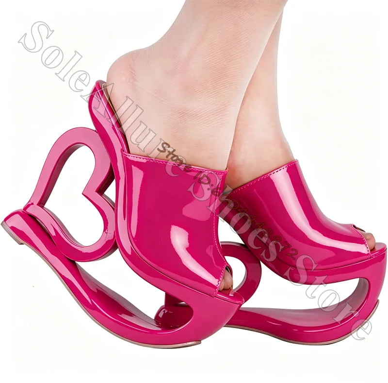 Patent Leather Heart Hollow Sculptural Wedge Mules for Women