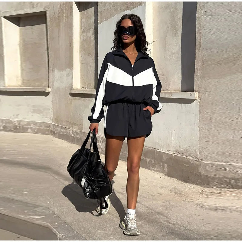 Color Block Zip Jacket and Shorts Tracksuit for Women