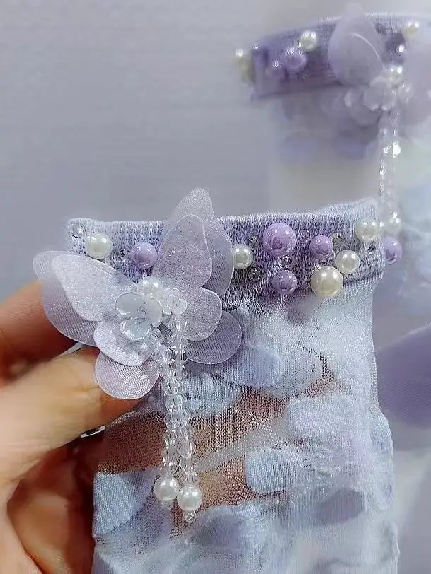 Elegant Crystal Beaded Tassel Pearl Socks for Women