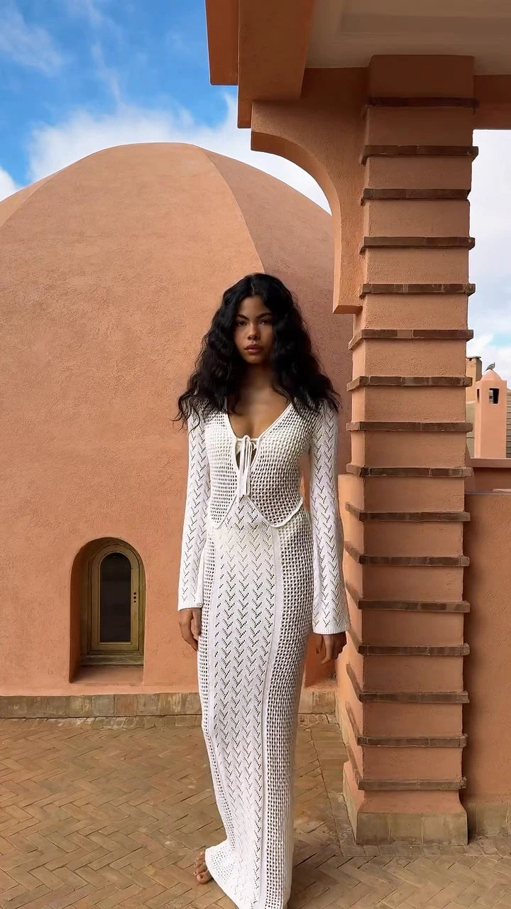 Women Sexy White Knit Swimsuit Cover Up Deep V-neck Tie Hollow Out Long Sleeve Beach Maxi Dress 2025 Summer Holiday Outfit K186