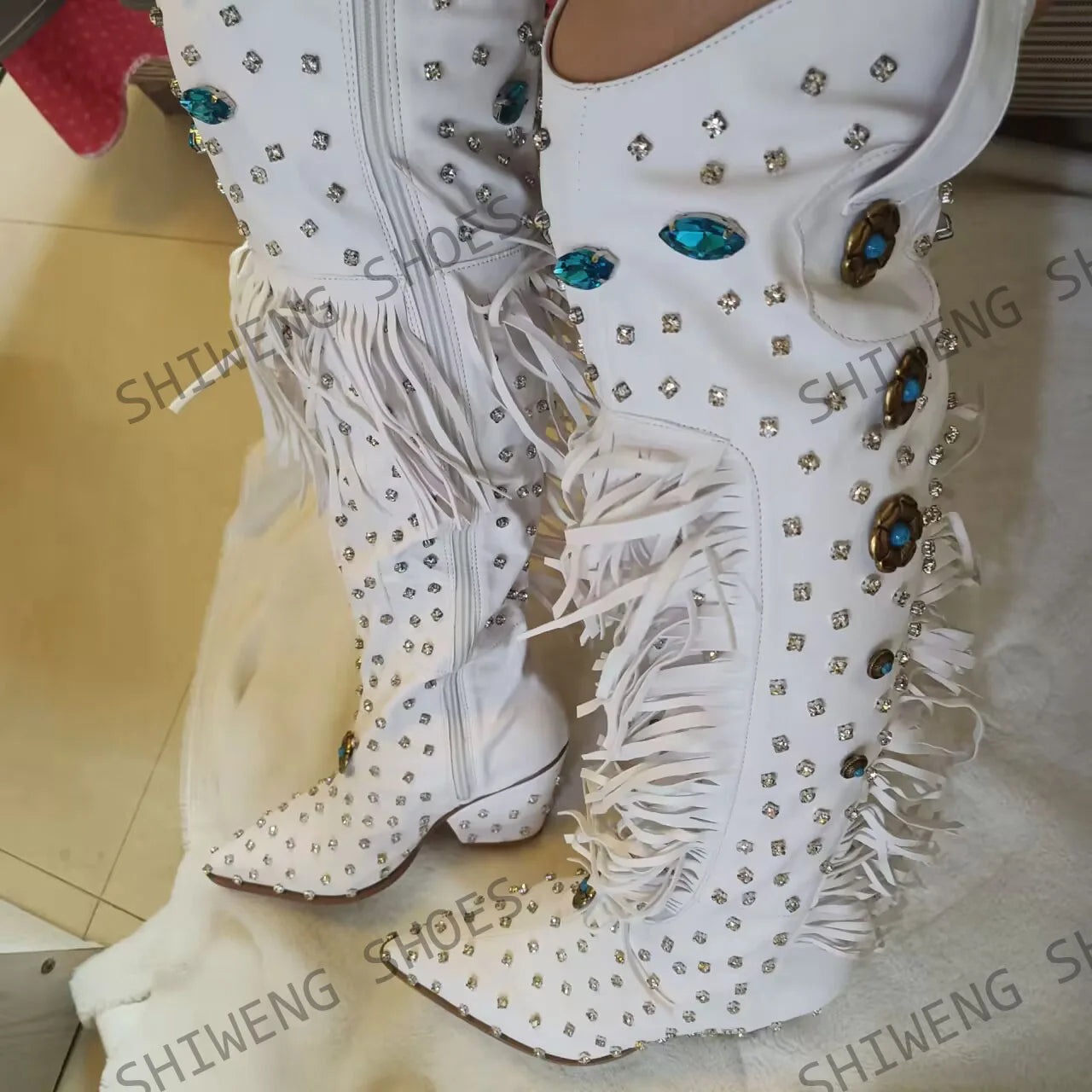 2025 Diamond Fringes Western Boots Women Sparkly Block High Heels Crystal Trim Shoes Ladies Winter Pointed Toe Knee High Boots