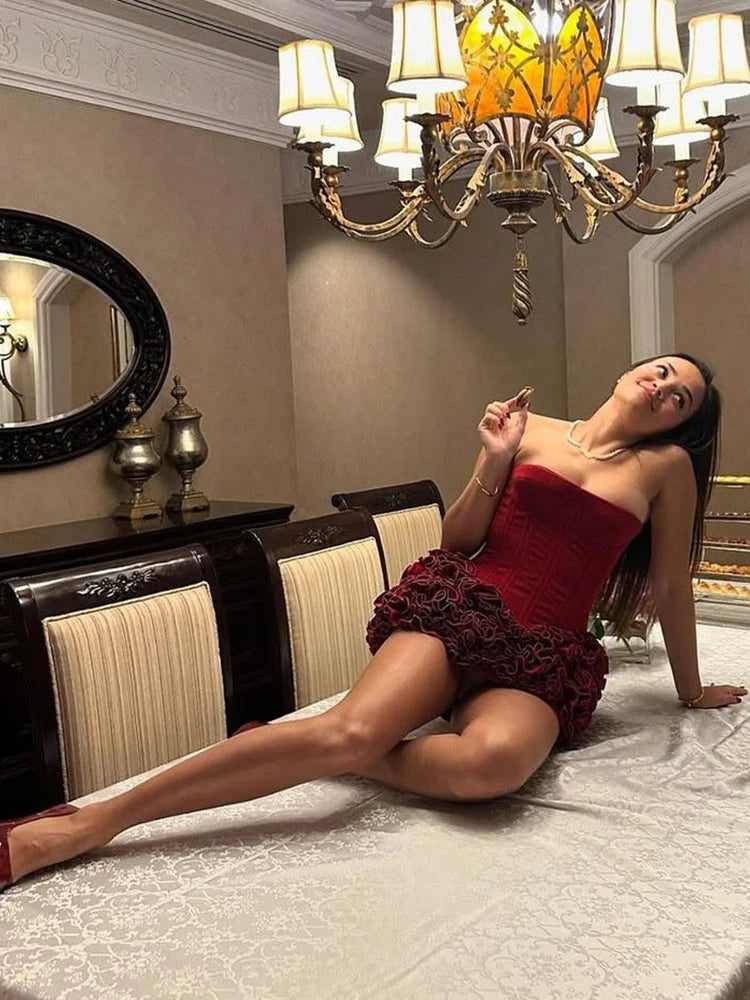 Women's Sexy Strapless Red Mini Skirt and Off-Shoulder Corset Top Two-Piece Set Lace Up Elegant Quality Luxury Party Dress