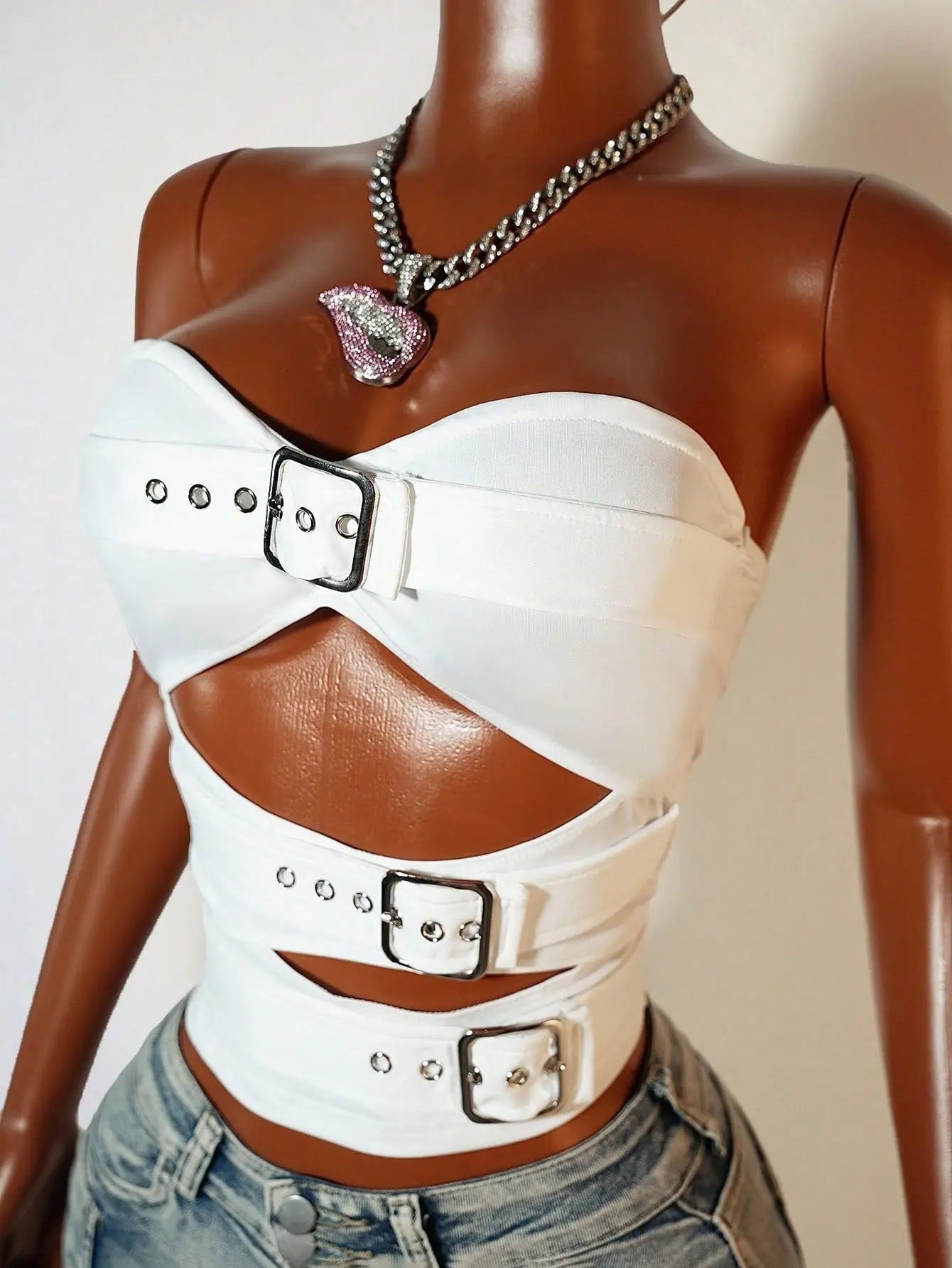 White Strapless Cutout Buckle Streetwear Crop Top for Women