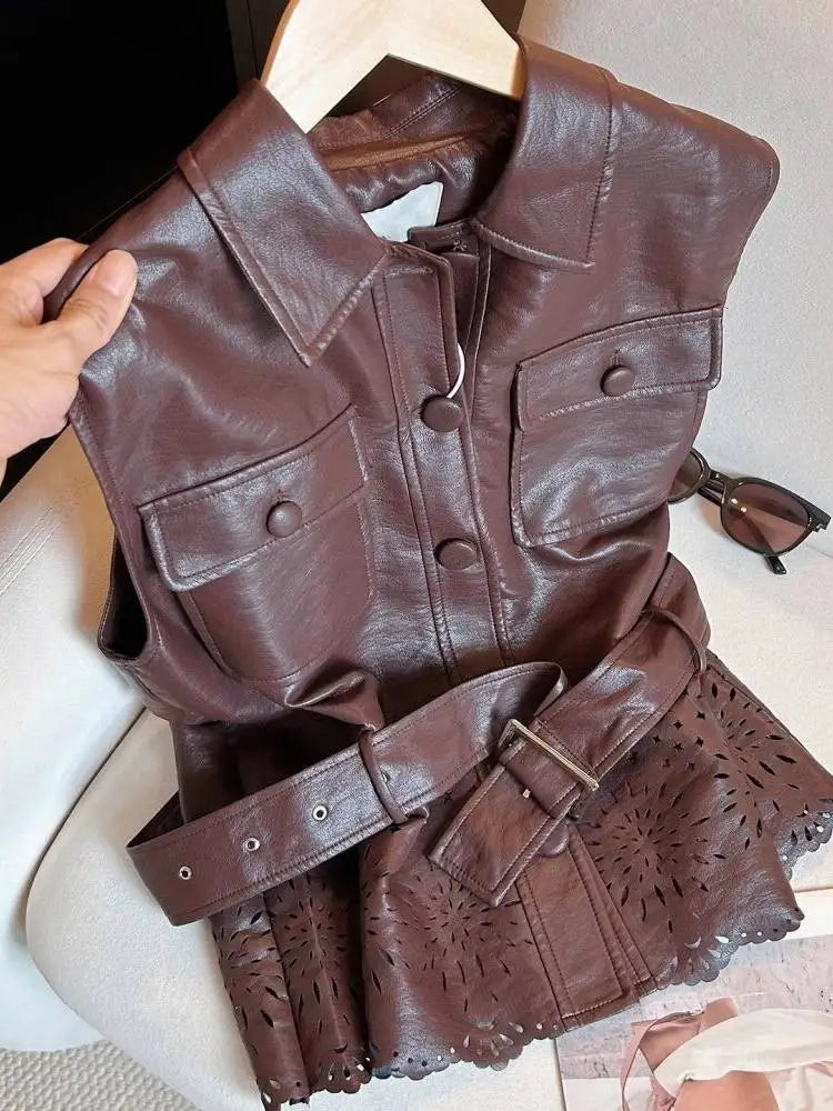 Retro Lapel Belted Leather Sleeveless Vest for Women