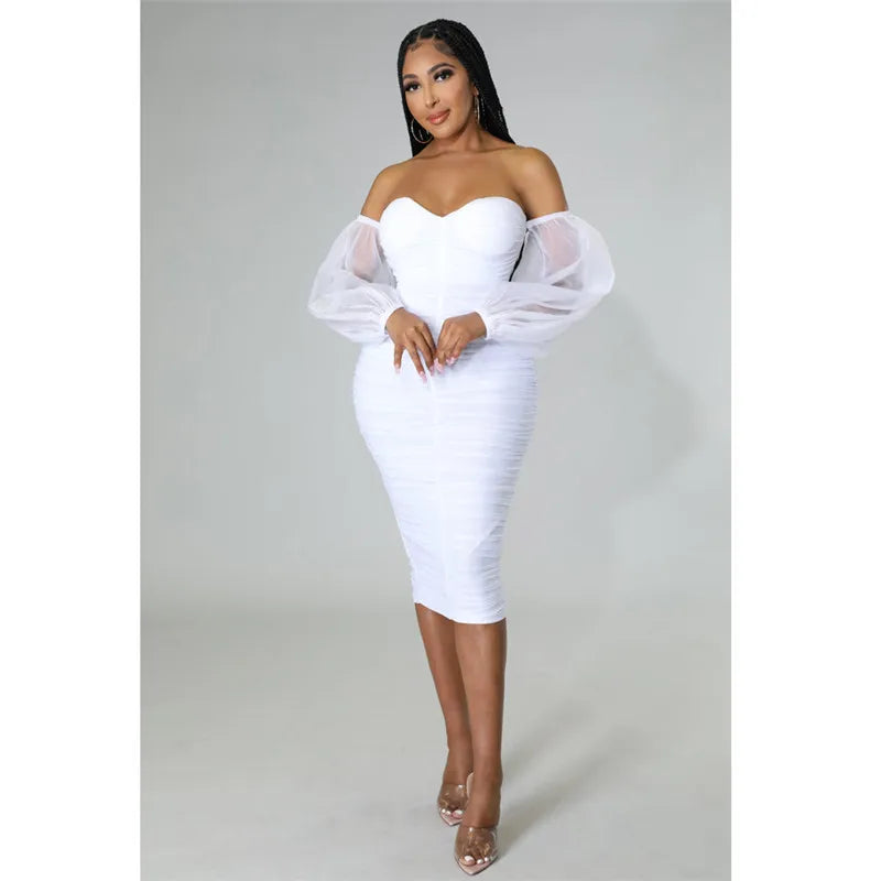 Sexy Off Shoulder Mesh Lantern Sleeve Bodycon Midi Dress for Women Elegant Party Club Night Ruched Formal Pencil Dress Vestidos
