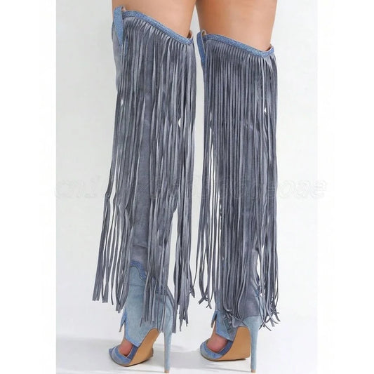 Demin Tassels Decor Sandal Boots Knee High Miter Shoes for Women Thin High Heels Fashion Lady Shoes 2025 Zapatos Para Mujere