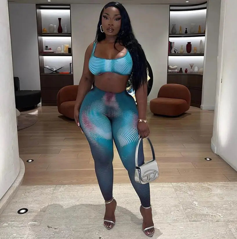 FAGADOER Fashion Stripe Patchwork 2 Piece Sets Woman Outfit Gradient Backless Vest Top + Skiny Pants Suit Female Jogger Clothing