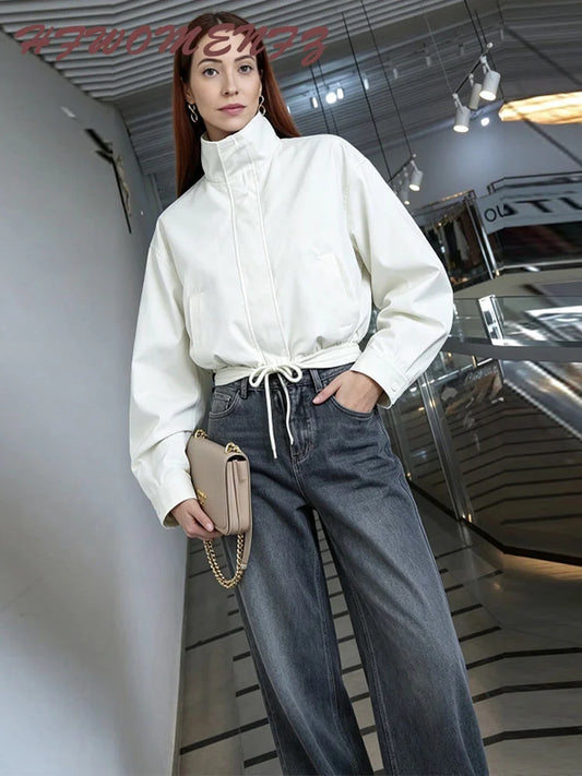 Solid Stand Collar Jacket With Pockets