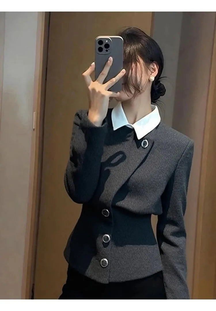 Grey Faux Two Piece Button Detail Casual Coat For Women