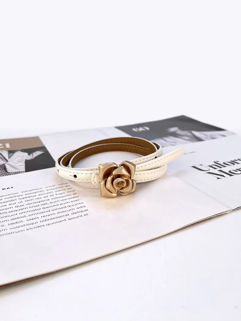 Double Sided Metal Flower Buckle Thin Belt for Women
