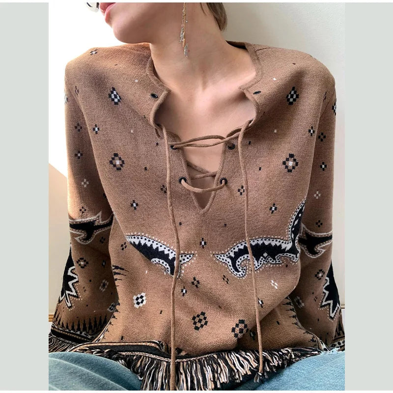 Ethnic Tassel Women 's Sweater Knitted V-neck Bandage Thicken Full Sleeve Jumper For Woman Winter Woman Coats Jacket Knitwear
