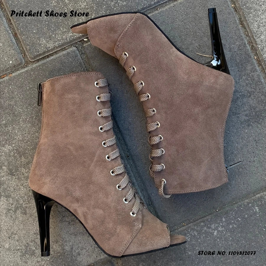 White Lace Up Heeled Open Toe Ankle Boots for Women