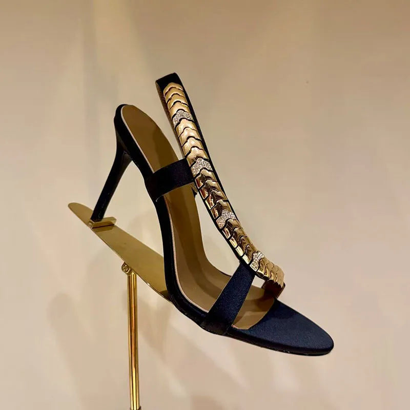 Glamorous Gold Chain Rhinestone Slingback Stiletto Heels for Women