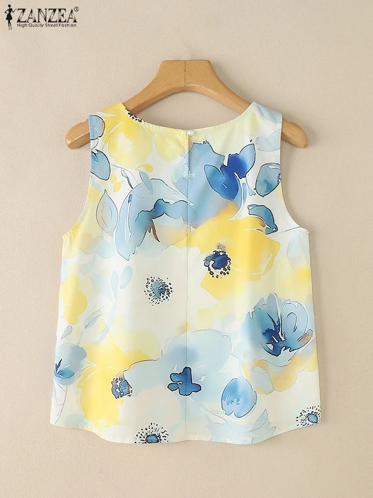 ZANZEA Womens 2025 Summer Casual Floral Printed Tank Tops Fashion O-Neck High-Low Sleeveless T-Shirts Day Wear Simple Camis Tops
