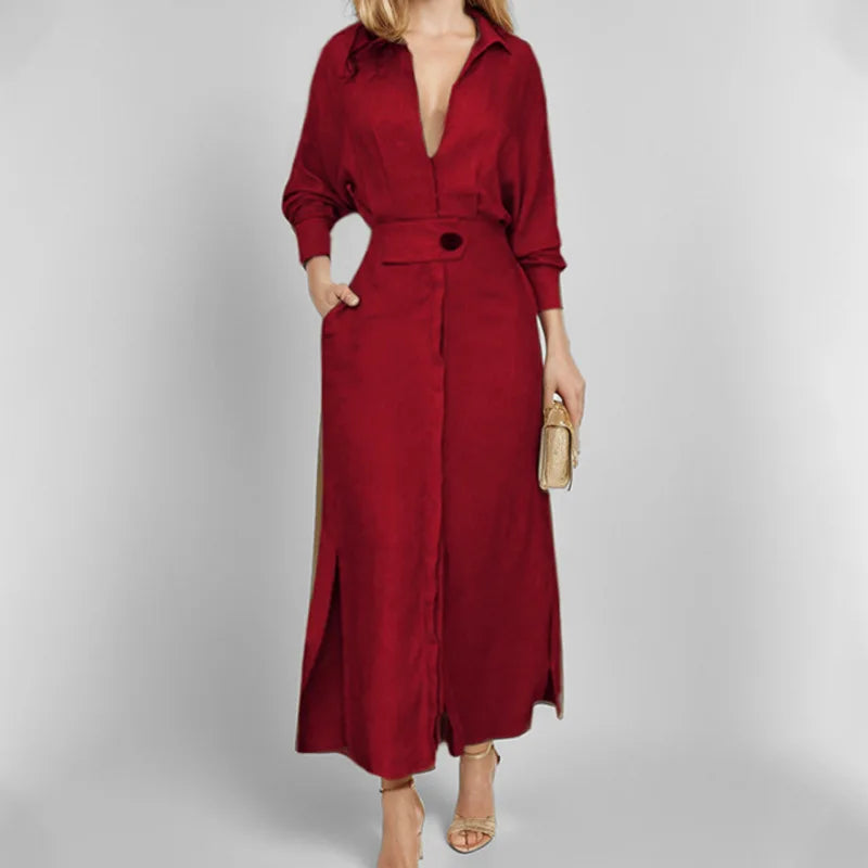 Autumn Elegant Long Sleeve V Neck Shirt Dress for Women