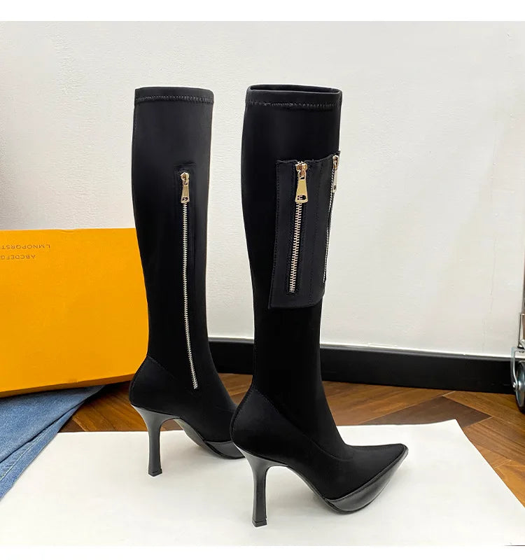 Black Pointy Toe Kneehigh Stiletto Boot