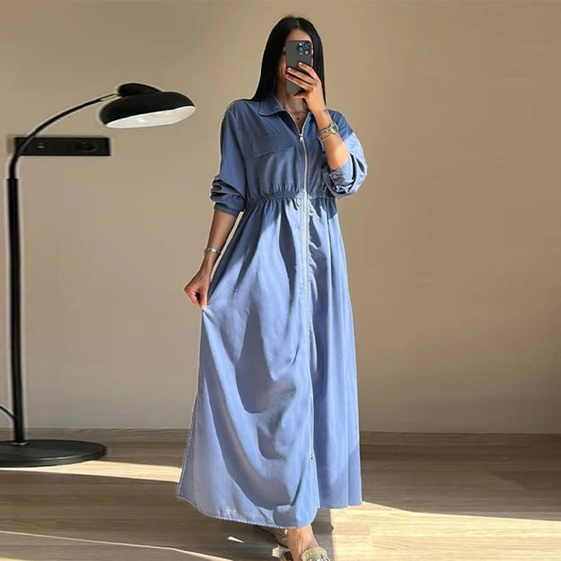 Women's Fashion Zipper Waist Long Dress Casual Solid Laple Full Sleeve A-line Long Robe Lady 2025 Autumn Chic Loose Streetwear