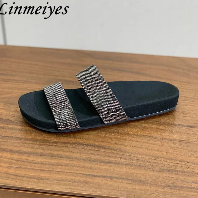 Cow Suede Bead Chain Narrow Strap Slippers for Women
