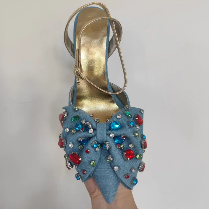 Crystal Rhinestone Bow Denim Pointed High Heel Sandals for Women