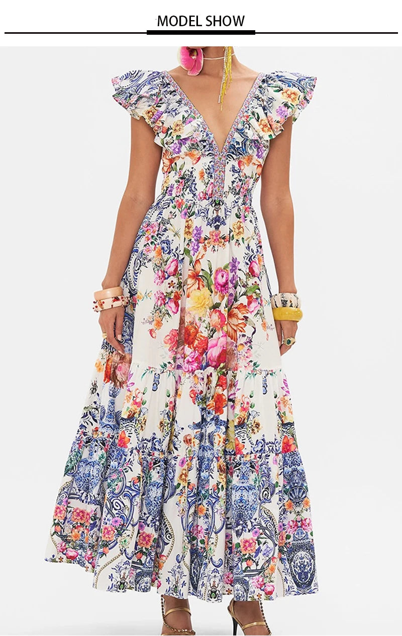Deep V Neck Print Midi Dress