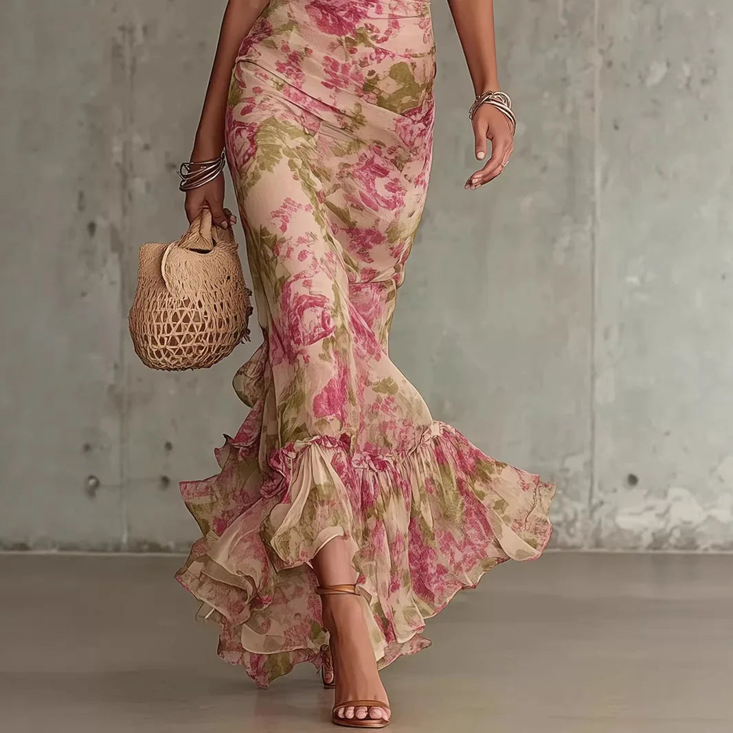 Vintage Chiffon Maxi Dress With Stand Collar Short Sleeve for Women
