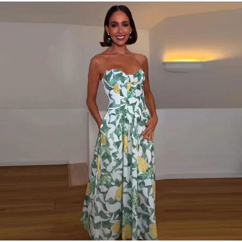 Printed Strapless Long Backless Dress With Pockets For Women