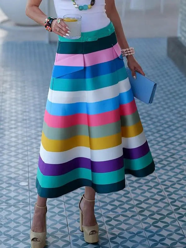 Krisstarsgirls 2025 Colorful Striped Skirts for Women Trendy Summer Split-joint Belted Pockets Skirts Bottoms Clothes for Woman