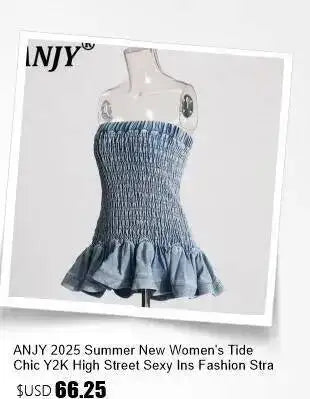 ANJY Summer New Women's Tide High Street Y2K Chic Trendy Sleeveless Halter Neck Backless Waist Cinching Zipper Denim Dress A8053