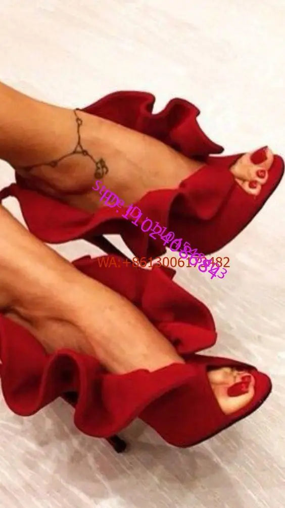Red Ruffled Peep Toe Thin High Heel Sandals For Women