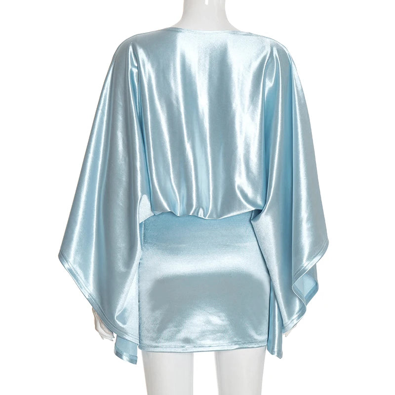 Chic Satin V Neck Bat Sleeve Elegant Mini Dress for Women