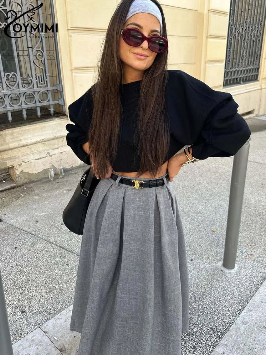 Oymimi Elegant Grey Loose Skirts For Women Casual High Waist Pleated Skirts Fashion New Solid Ankle-Length Skirts Streetwear