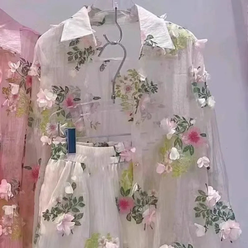 Breathable Embroidered Floral Chiffon Two Piece Set for Women